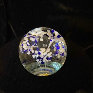 Vintage Paperweight Gentile Glass, W.Va Raised star Logo, Blue & White Flowers
